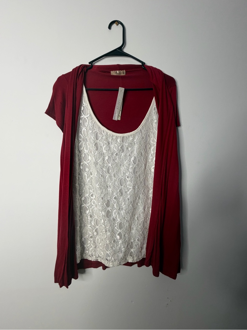 Lavish Red Open-Front Cardigan with White Lace Camisole